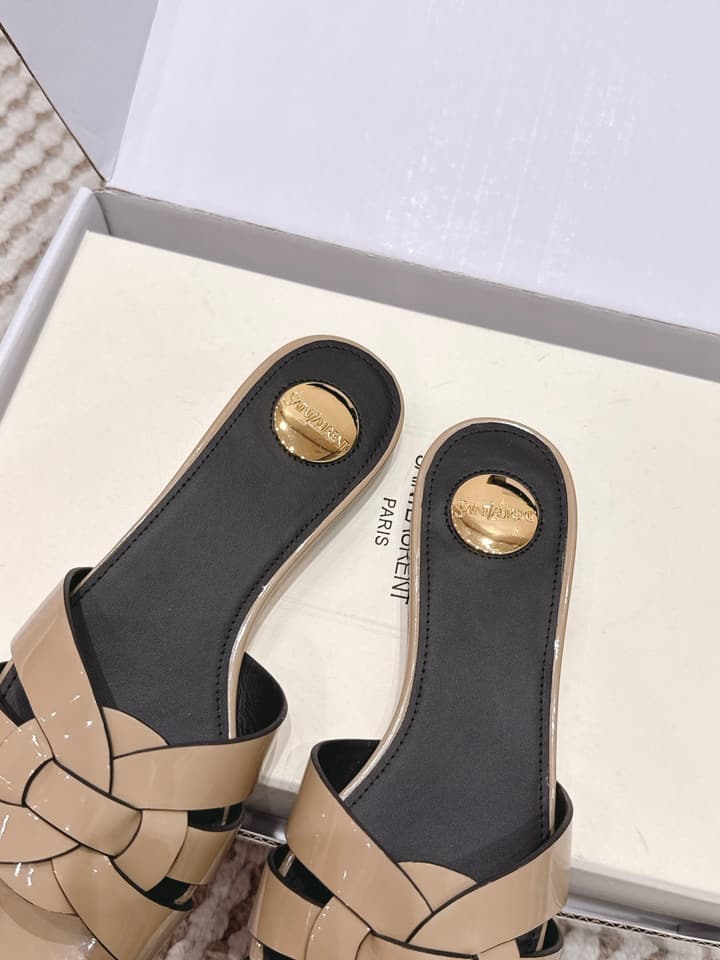 Saint Laurent Melody Square Toe Flat Sandals – 2026SS in Burgundy Patent