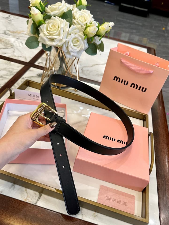 Miu Miu Classic Leather Belt – 3.0cm in Black With Gold Buckle