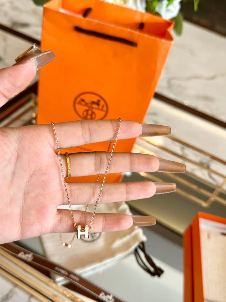 Hermès H-Letter Oval Enamel Necklace in Gold