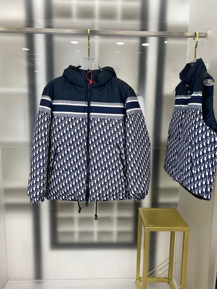 Dior Full Print Jacquard Reversible Puffer Jacket – 25FW in Dark Blue Jacquard Logo Print