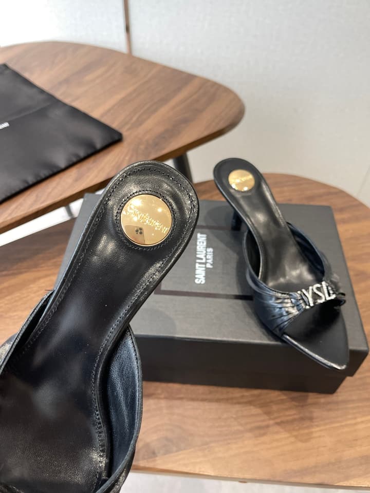 Saint Laurent Pointed Toe Stiletto Heeled Sandals – 26SS in Black - Gold Logo Plaque