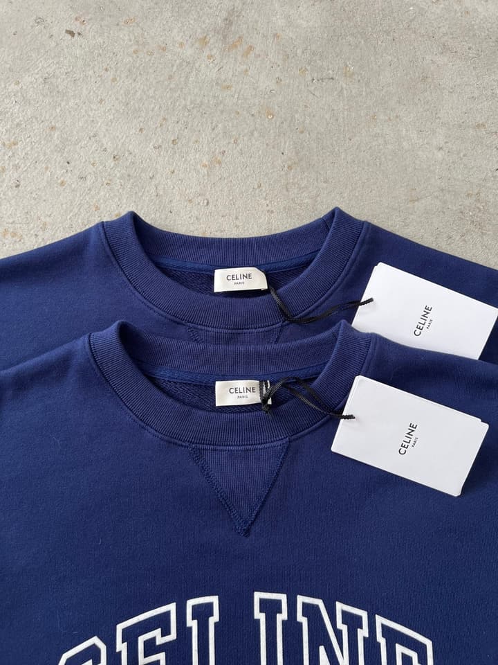 Celine Flocked Letter Pullover Sweatshirt – 2025FW in Navy Blue Folded