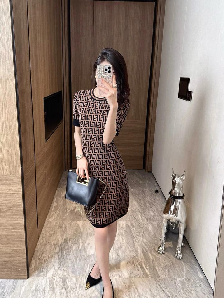 Fendi Double F Monogram Jacquard Knit Dress in Coffee Monogram Knit Dress