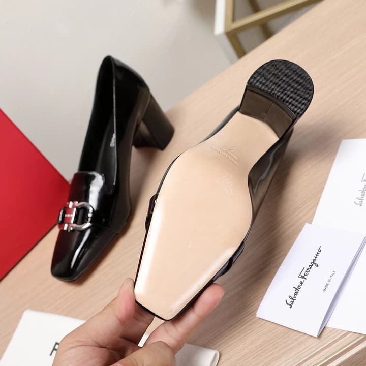 Ferragamo Classic Square Toe Pumps in Black Patent Leather