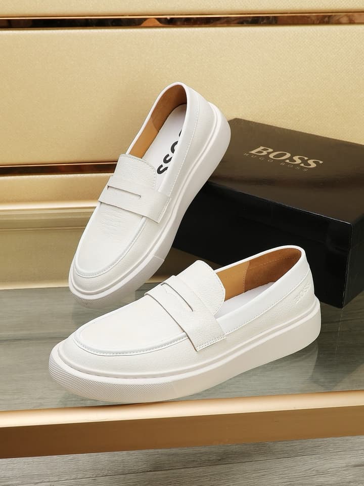 Boss Men's Luxury Leather Slip-On Loafers in Black Smooth Leather