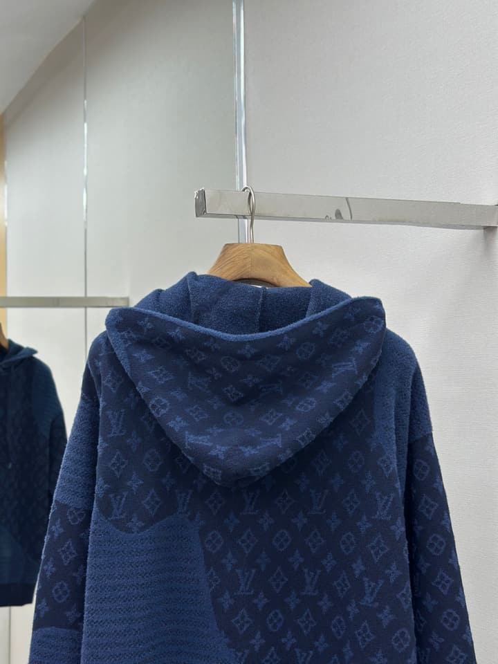Louis Vuitton Monogram Jacquard Spliced Cashmere Hoodie in Dark Navy Monogram Jacquard