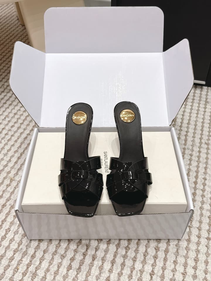 Saint Laurent Melody Square-Toe Heeled Sandals – 2026 Spring/Summer Collection in Beige Patent