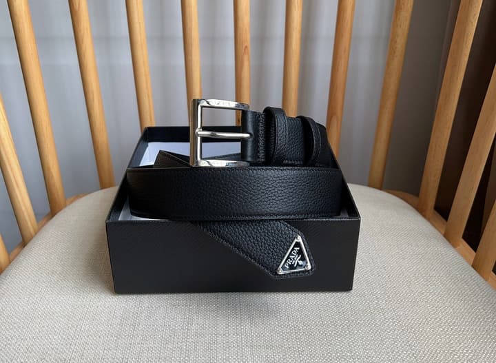 Prada Leather Belt with Triangle Logo in Black Leather Gold Buckle