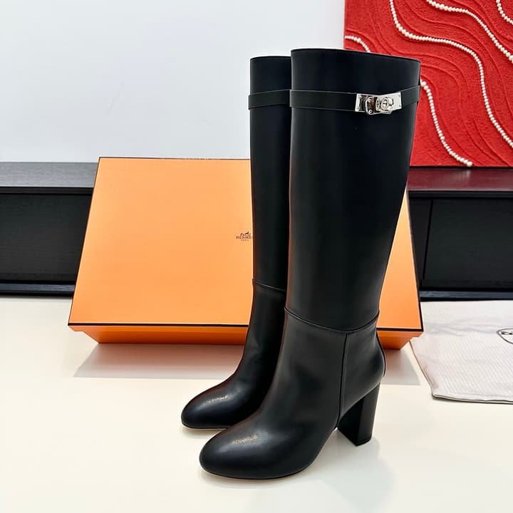 Hermès Kelly Buckle High Heel Knee-High Boots in Black Leather