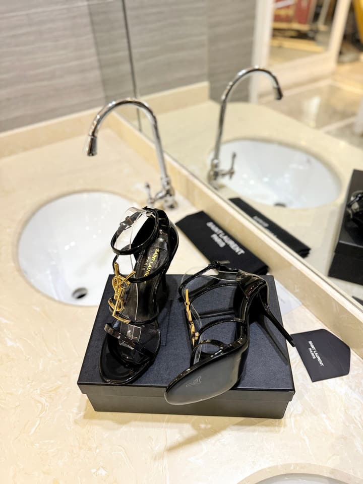 Saint Laurent YSL Logo Lacquer Heeled Sandals in Black Matte With Black Logo