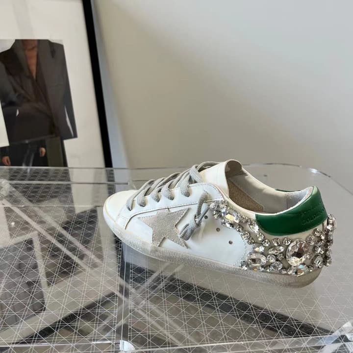 Golden Goose Superstar Diamond Tail Sneakers – 2023 Autumn/Winter in Distressed White With Royal Blue Rhinestone Heel