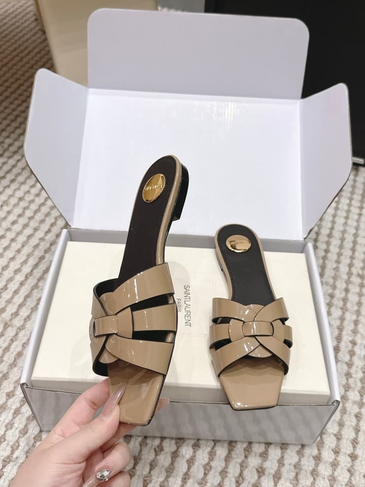 Saint Laurent Melody Square Toe Flat Sandals – 2026SS in Burgundy Patent