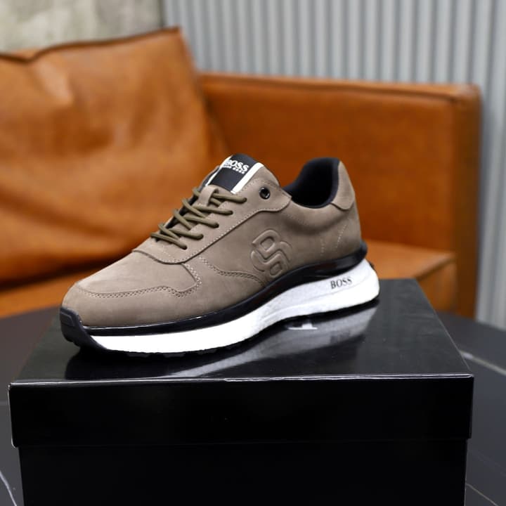 Boss Men's Luxury Running Sneakers in Black Mesh With White Sole