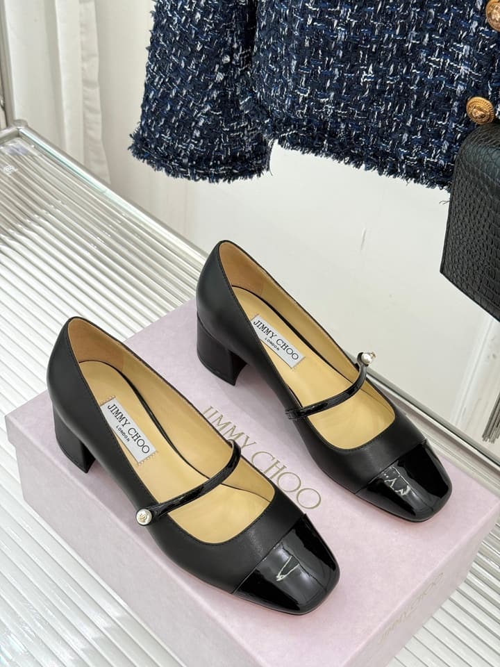 Jimmy Choo Color-block Pearl Mary Jane Heels – 25FW in Black Bow Detail