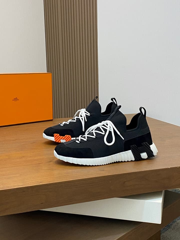 Hermès Suede and Denim Canvas Sneakers in Black And White