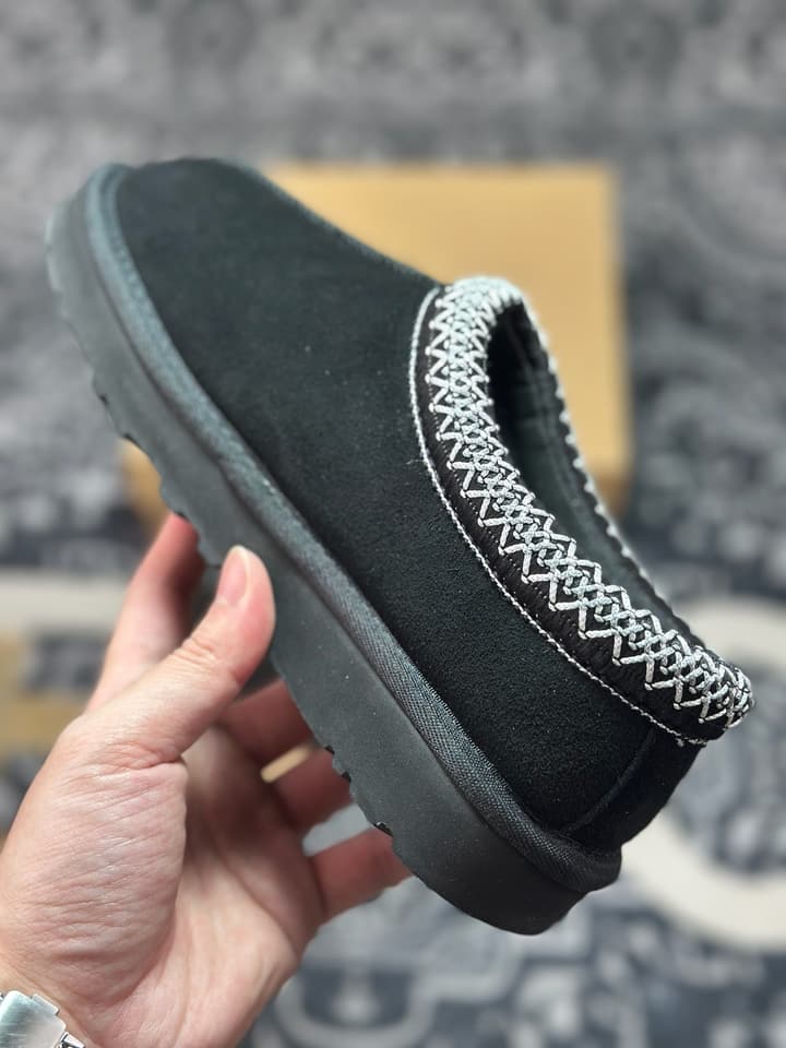 UGG Tazz Thin Sole Sheepskin Snow Boots in Black With White Patterned Trim