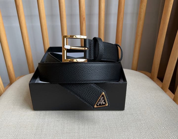 Prada Leather Belt with Triangle Logo in Black Leather Gold Buckle