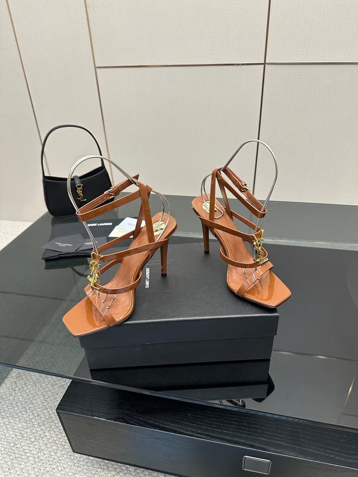 Saint Laurent Patent Leather Heeled Sandals in Bright Amber