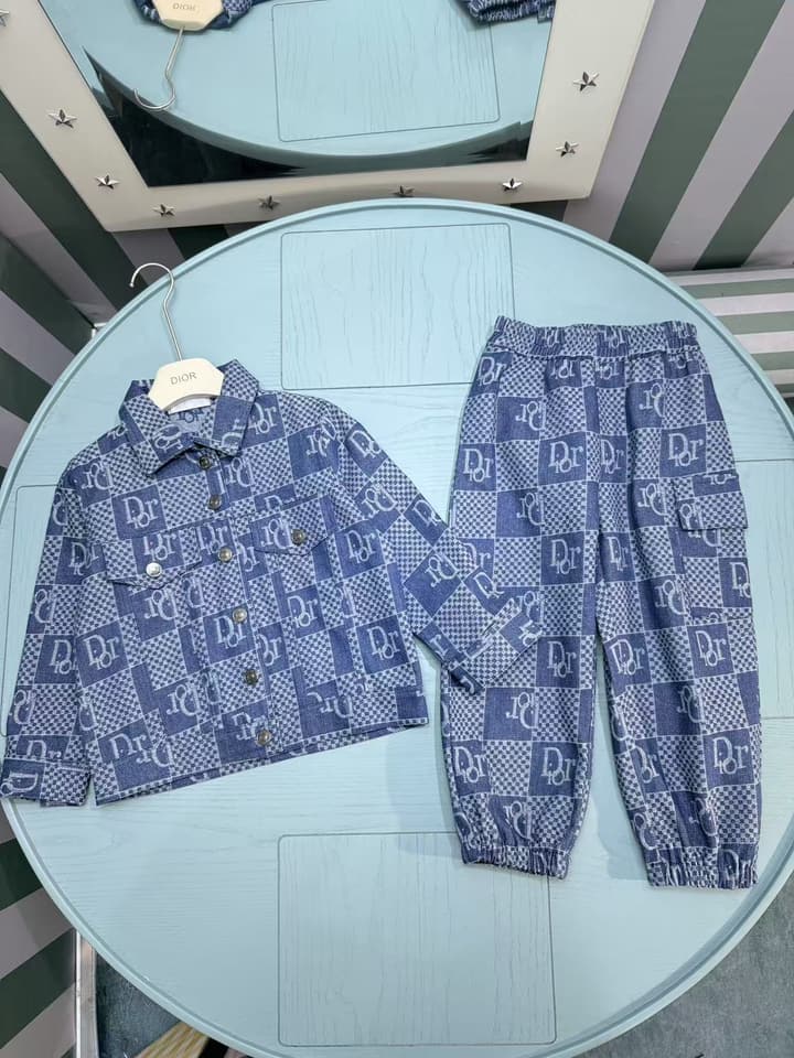 Dior Kids Two-Piece Set: Printed Jacket and Washed Denim Jeans – 2025SS – Kids Collection in Blue Logo Denim Set
