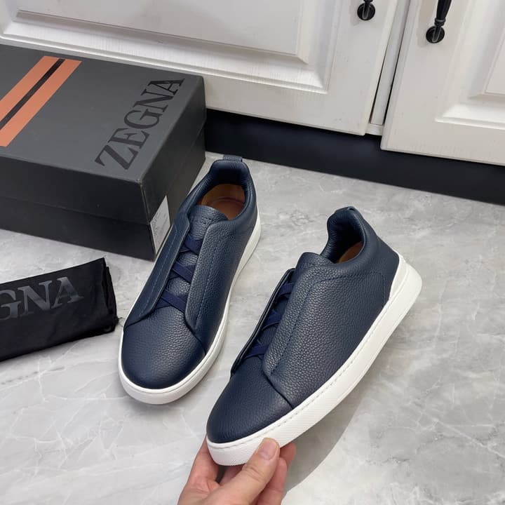 Zegna Triple Stitch Low-Top Sneakers in Navy Blue