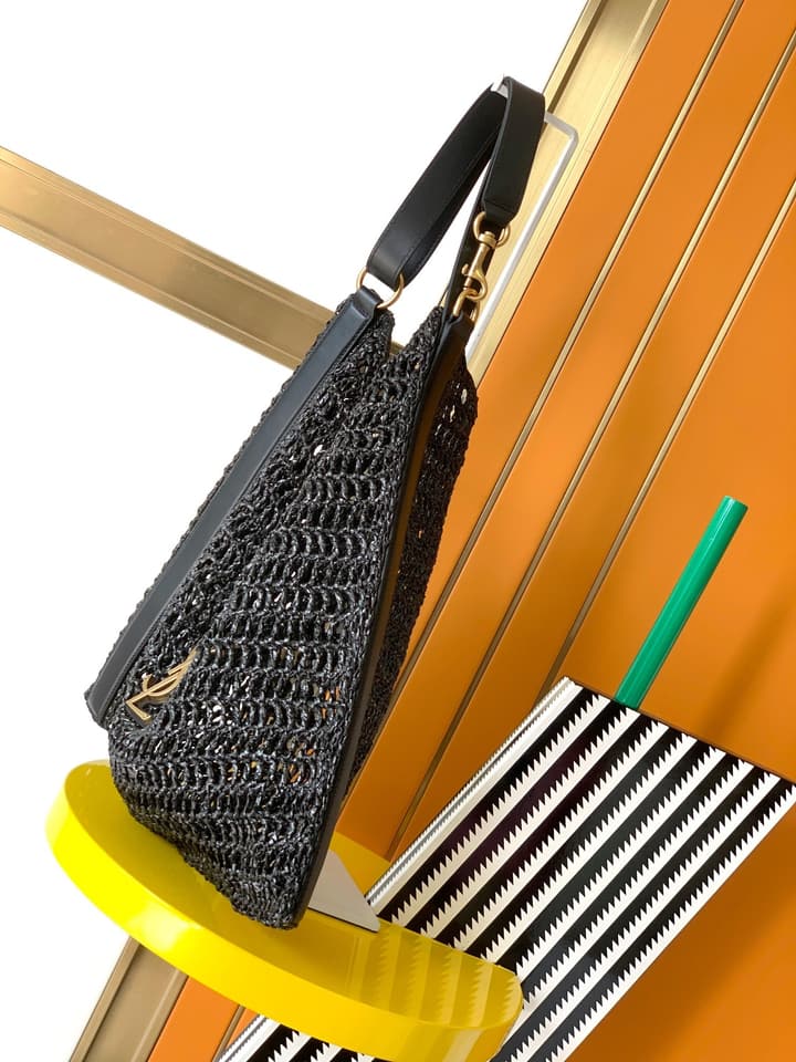 Saint Laurent OXALIS Raffia Crochet Shoulder Bag in Black