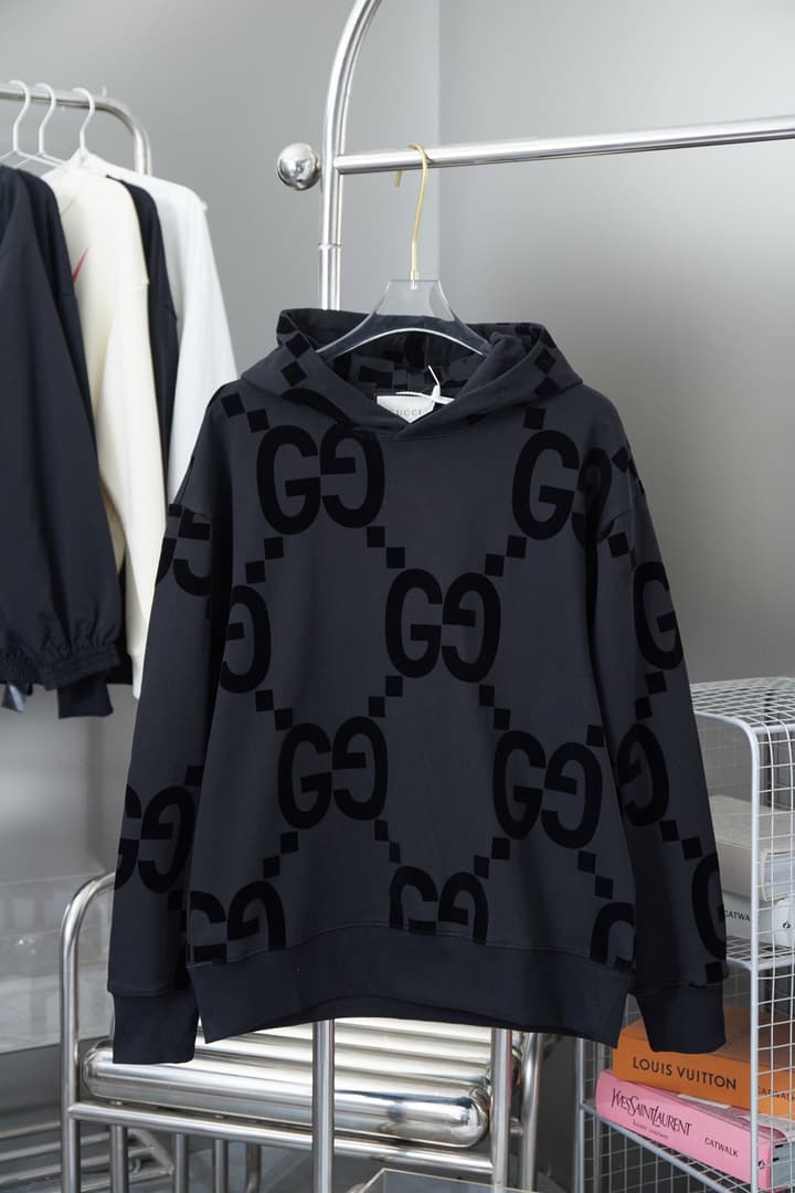 Gucci Classic Double G Flocked Hoodie in Black Flocked Logo Hoodie