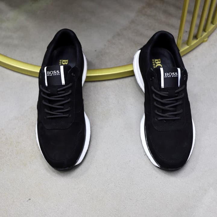 Boss Men's Luxury Running Sneakers in Black Mesh With White Sole