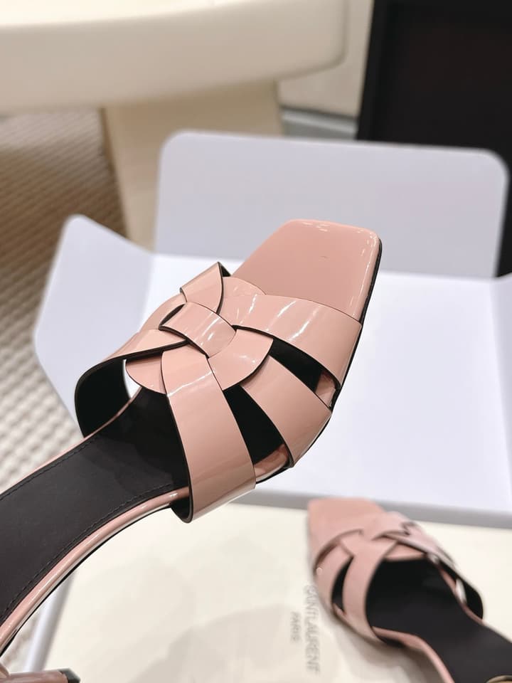 Saint Laurent Melody Square-Toe Heeled Sandals – 2026 Spring/Summer Collection in Beige Patent