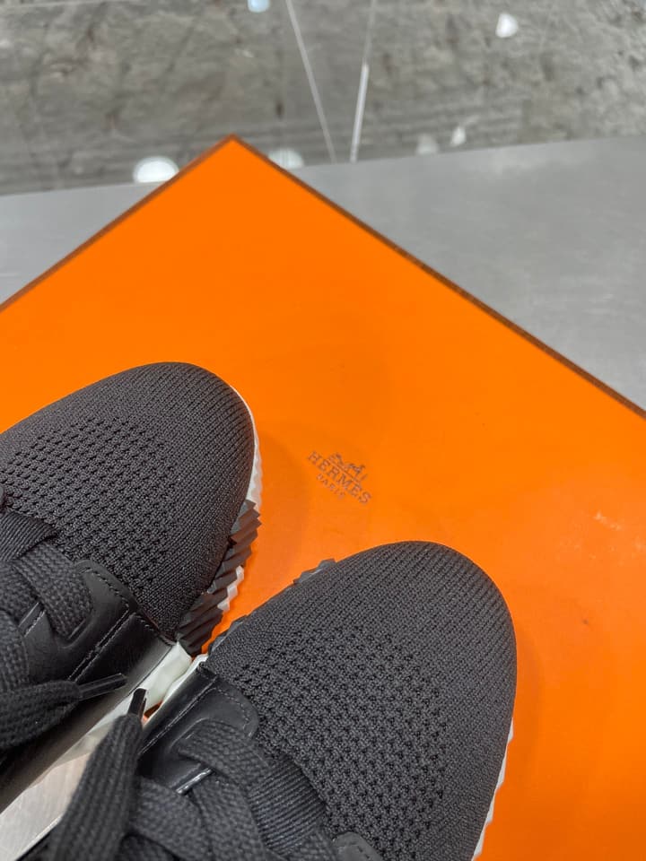 Hermès Sport Sneakers – Iconic Orange Edge in Black Knit With Black Laces
