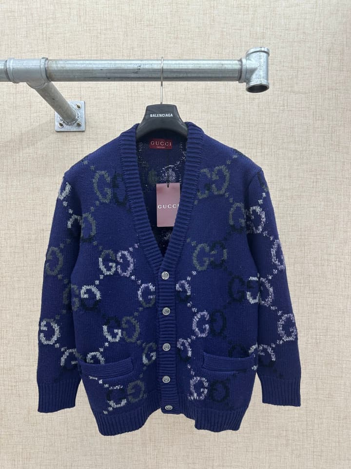 Gucci Double G Monogram Knit Cardigan in Deep Blue Gg Pattern Cardigan