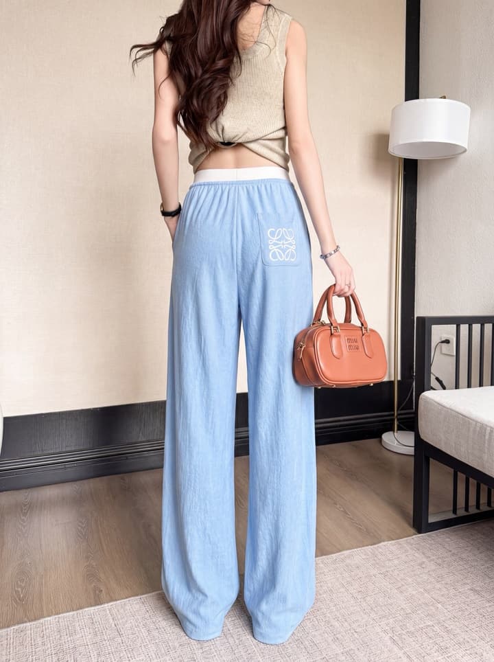 Loewe Embroidered Linen Casual Pants in Sky Blue