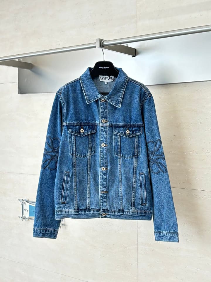 Loewe Embroidered Washed Distressed Denim Jacket in Washed Black