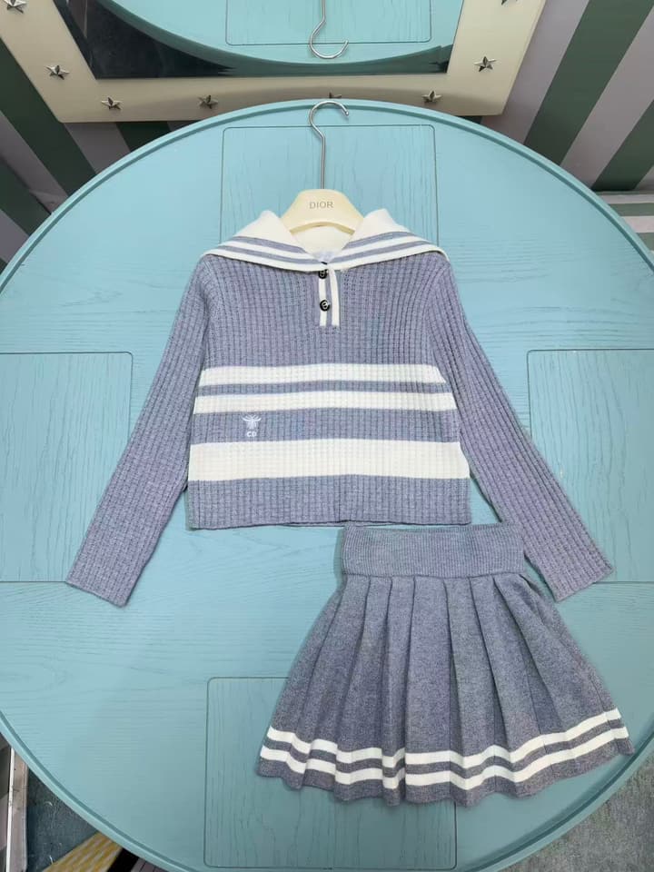 Dior Girls' Knit Cardigan and Skirt Set – 2025SS in Navy Blue With White Stripe