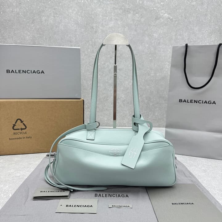 Balenciaga Carrie Leather Bowling Bag – Small in Light Blue