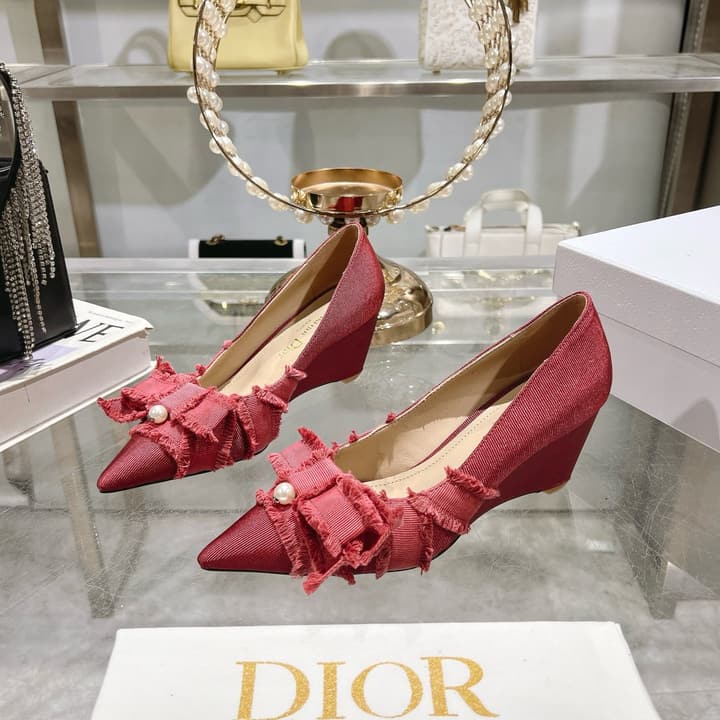 Dior Adiorable Bow Pearl Wedge Pumps in Black Ruffled Bow