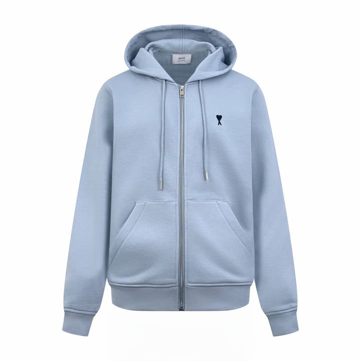 Ami Paris Heart Embroidery Zipper Jacket in Misty Sea Blue Zip Hoodie