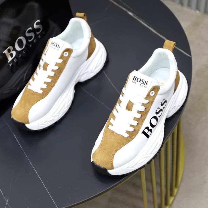 Boss Men's Luxury Running Sneakers in Black Mesh With White Sole