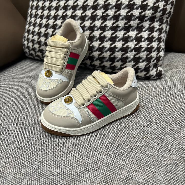 Gucci Rhyton Distressed Kids' Sneakers – Kids Collection – 2023SS in Cream With Blue Flower Design