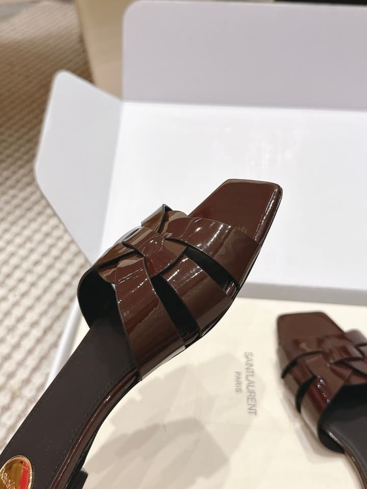 Saint Laurent Melody Square Toe Flat Sandals – 2026SS in Burgundy Patent