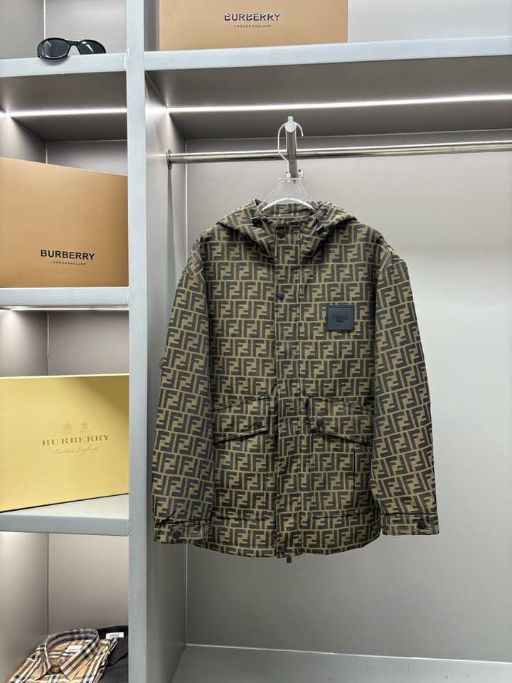 Fendi FF Jacquard Hooded Thin Jacket in Olive Brown Ff Jacquard