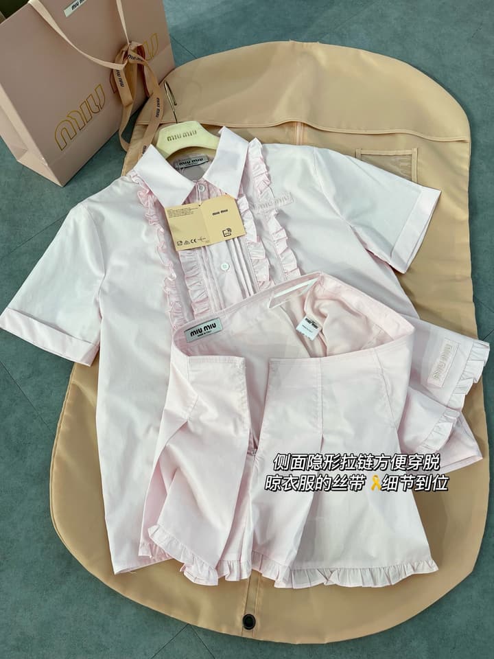 Miu Miu Embroidered Ruffle Shirt and Pleated Skort Set in Pink