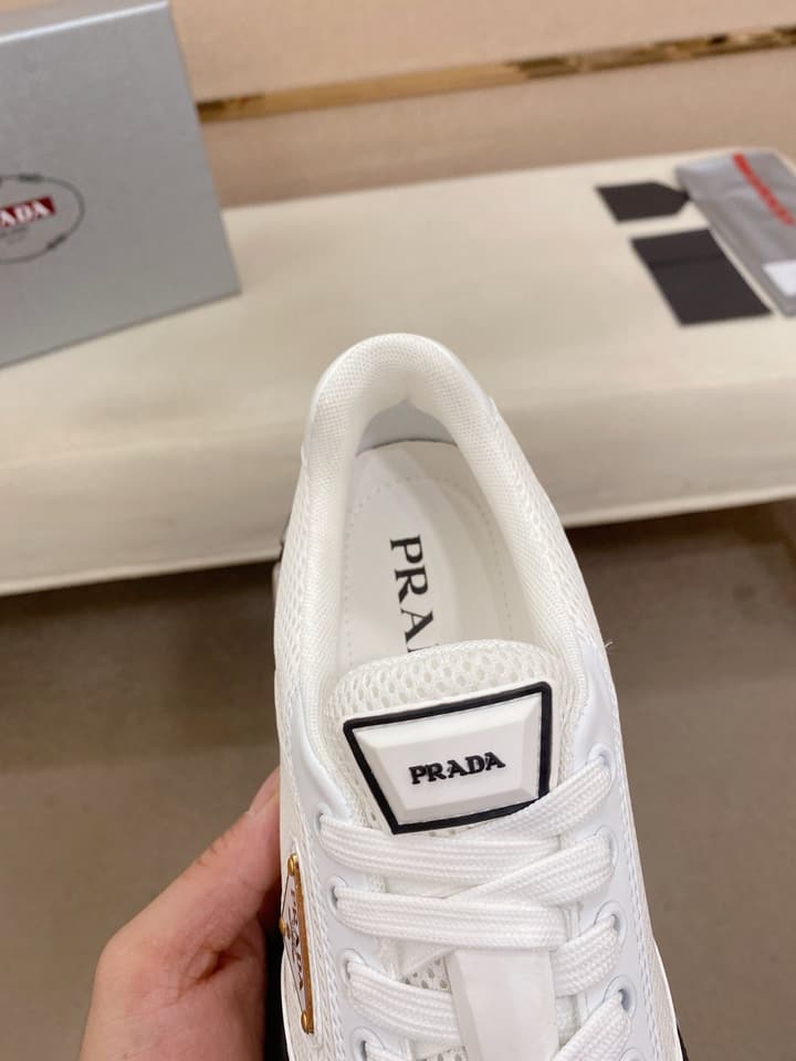 Prada Men's Leather Mesh Sneakers – New Collection in Light Grey With White Logo