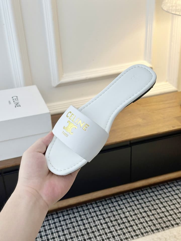 Celine Minimalist Triomphe Flat Sandals – Summer Collection in White
