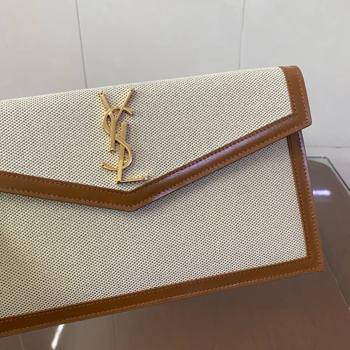 Saint Laurent Uptown Canvas Clutch Bag in Canvas With Caramel Trim