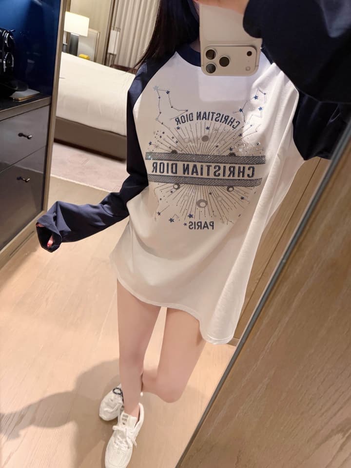 Dior Constellation Print Rhinestone Raglan T-Shirt in White With Navy Blue Sleeves