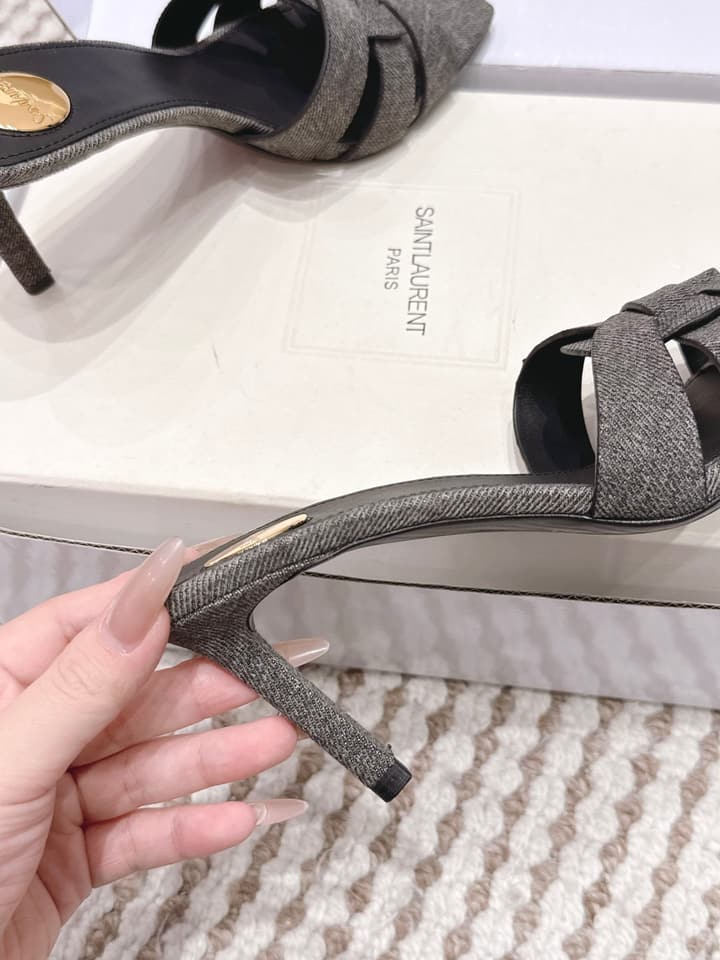Saint Laurent Melody Square-Toe Heeled Sandals – 2026 Spring/Summer Collection in Beige Patent