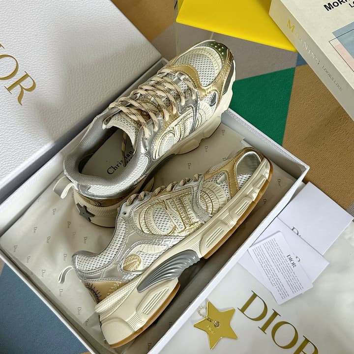 Dior Chrono Mesh and Leather Sneakers – 2024 Fall Collection in Brown And Gold