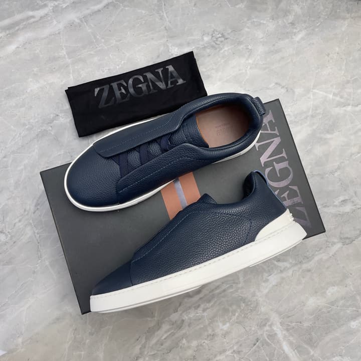Zegna Triple Stitch Low-Top Sneakers in Navy Blue