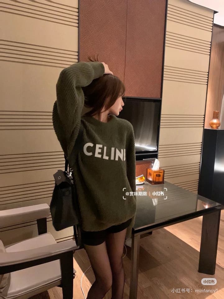Celine Classic Embroidered Crewneck Sweater in Army Green