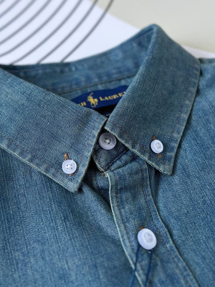 Ralph Lauren Washed Denim Shirt with Embroidered Logo in Dark Wash Denim Flat Lay